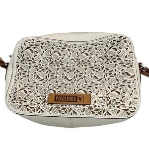 Pikolinos Pulsar Leather Crossbody Bag Laser Cut White Brown Boho Western Casual
